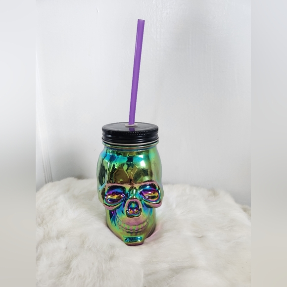 3D Skull Head Drinking Jar Multi Color Reflective Glass Travel Cup 18 oz - Picture 2 of 7